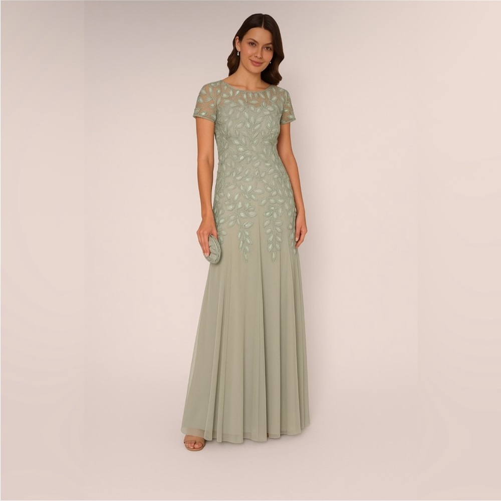 Adrianna Papell Sage Green Embroidered Maxi Dress